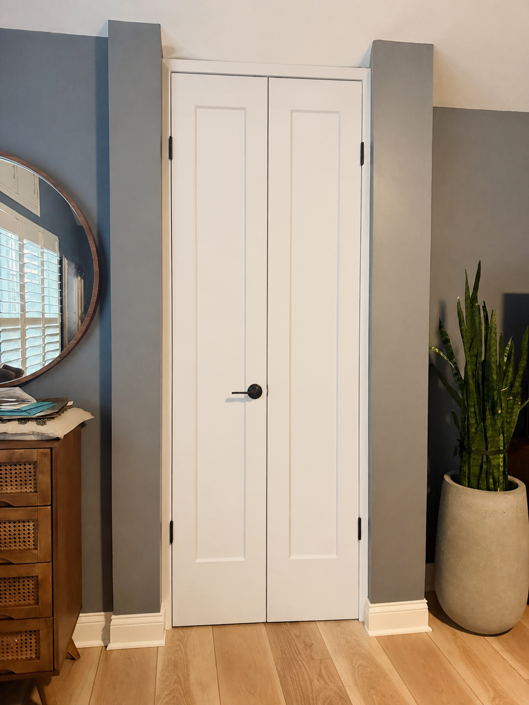 Painted MDF French Pair - Single Panel custom door installed in the proposed opening