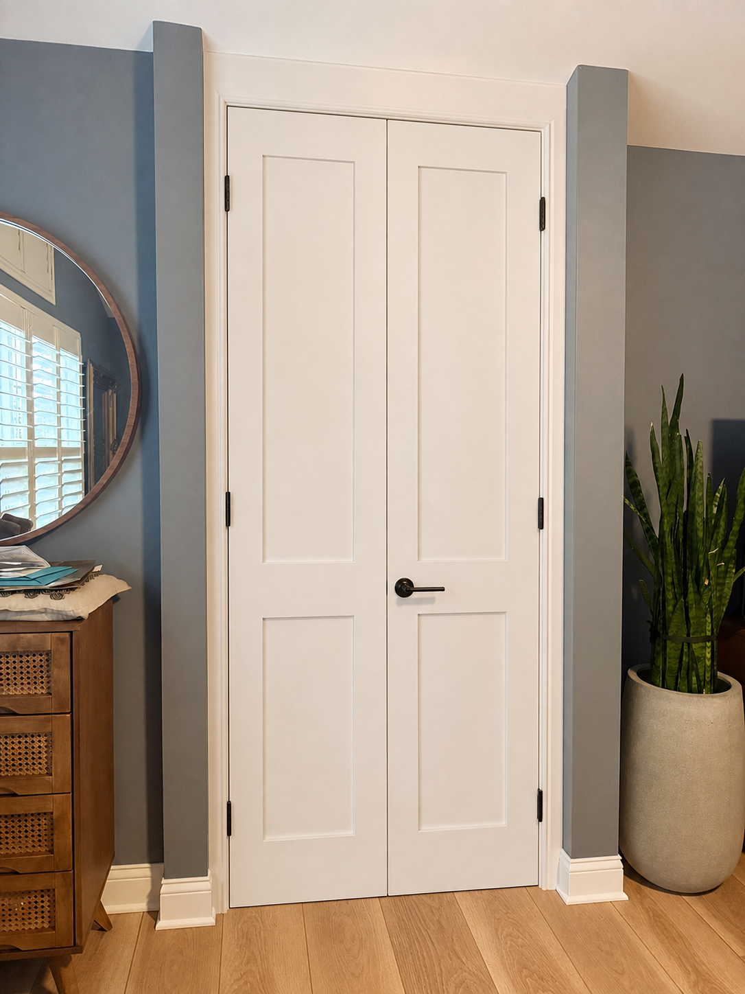 Painted MDF French Pair - Two Panel custom door installed in the proposed opening