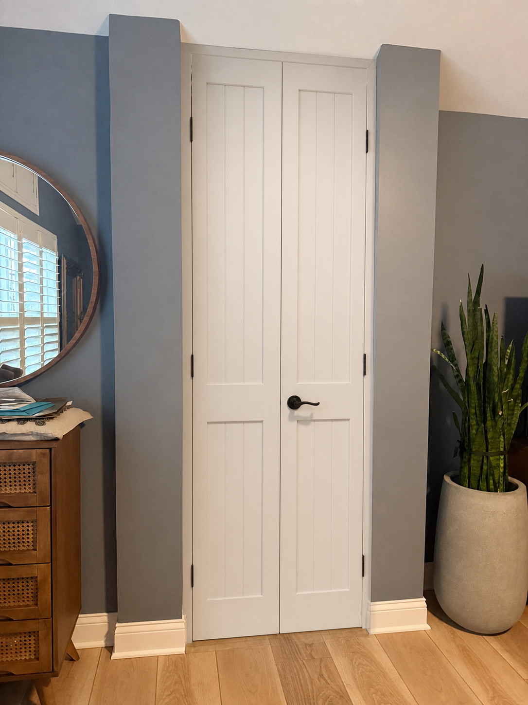 Painted MDF French Pair - V-Groove custom door installed in the proposed opening