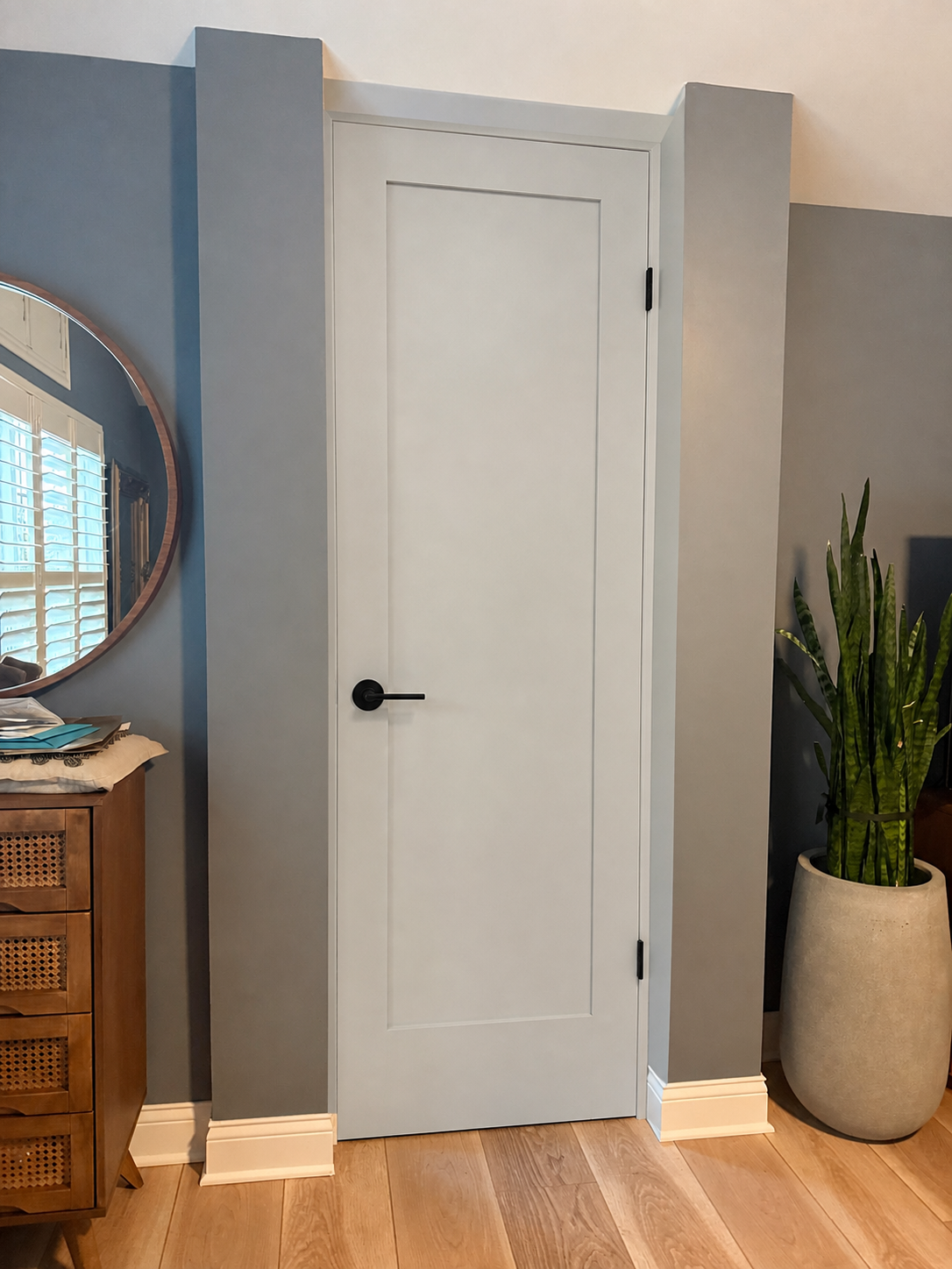 Painted MDF Single-Door Shaker custom door installed in the proposed opening