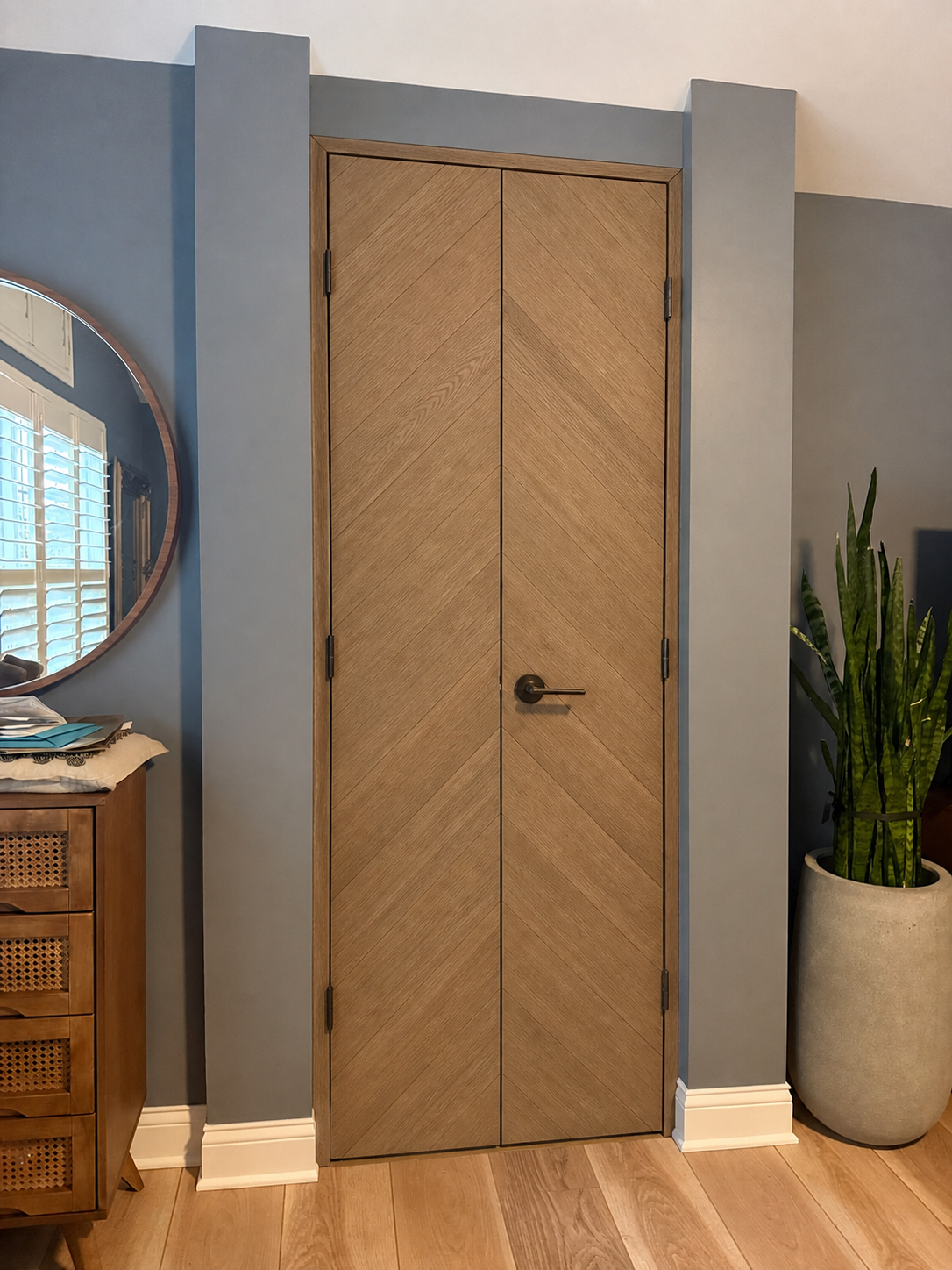 White Oak French Pair - Chevron custom door installed in the proposed opening