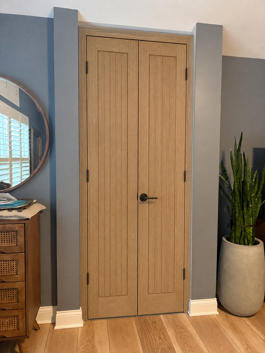 White Oak French Pair - Linear custom door installed in the proposed opening