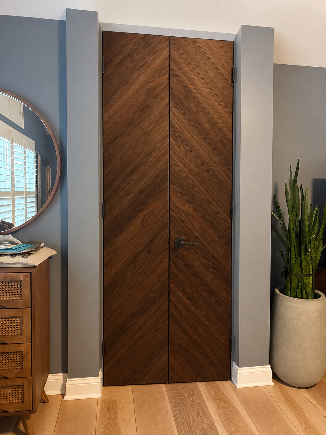 Premium Walnut French Pair - Chevron custom door installed in the proposed opening