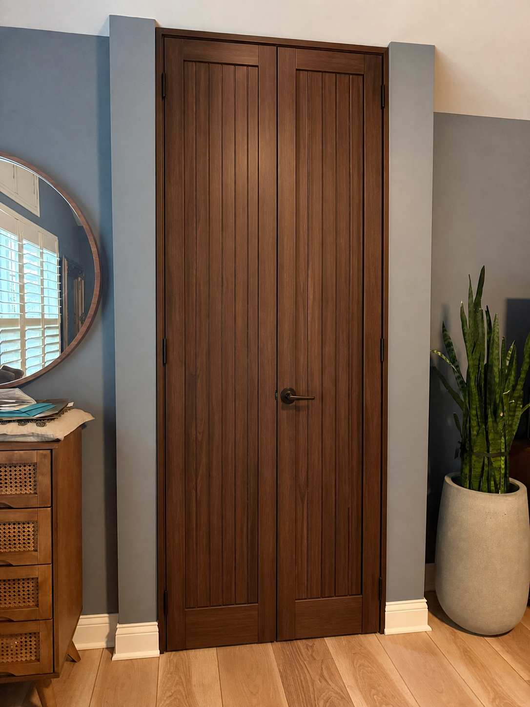 Premium Walnut French Pair - Linear custom door installed in the proposed opening